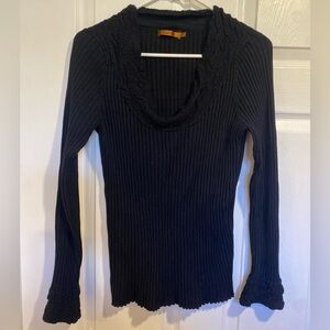 Belldini Black Ribbed Knit Sweater 1X – Stretchy Cowl Neck Top with Flared Cuffs